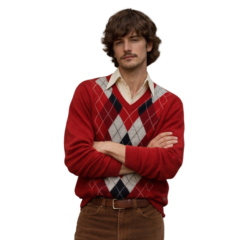 MERONA Red Argyle V Neck Merino Wool Sweater Preppy Mens Size L